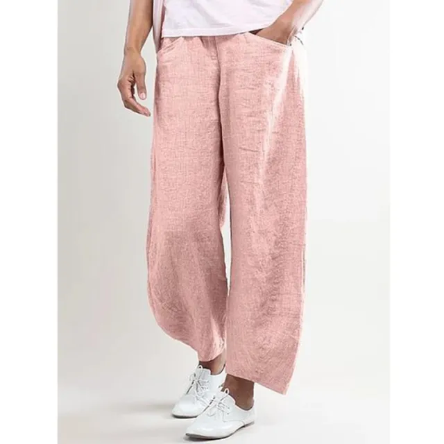 Cotton and linen casual solid color straight pants Pink - Shop at LoveMi