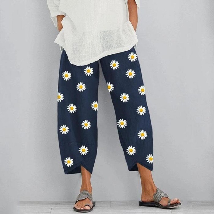 Floral Loose Print Elastic Waist Pocket Pants Blue - Shop at LoveMi