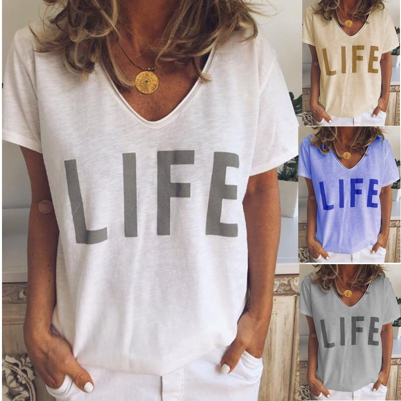 V-neck letter printed short sleeve t