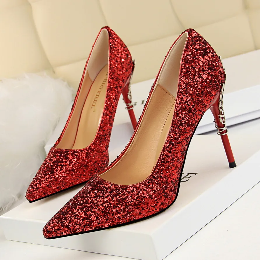 Pointed sequined high heels - Red