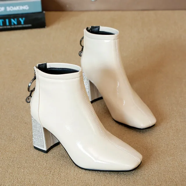 Versatile rhinestone square heel boot for women White - Shop at LoveMi