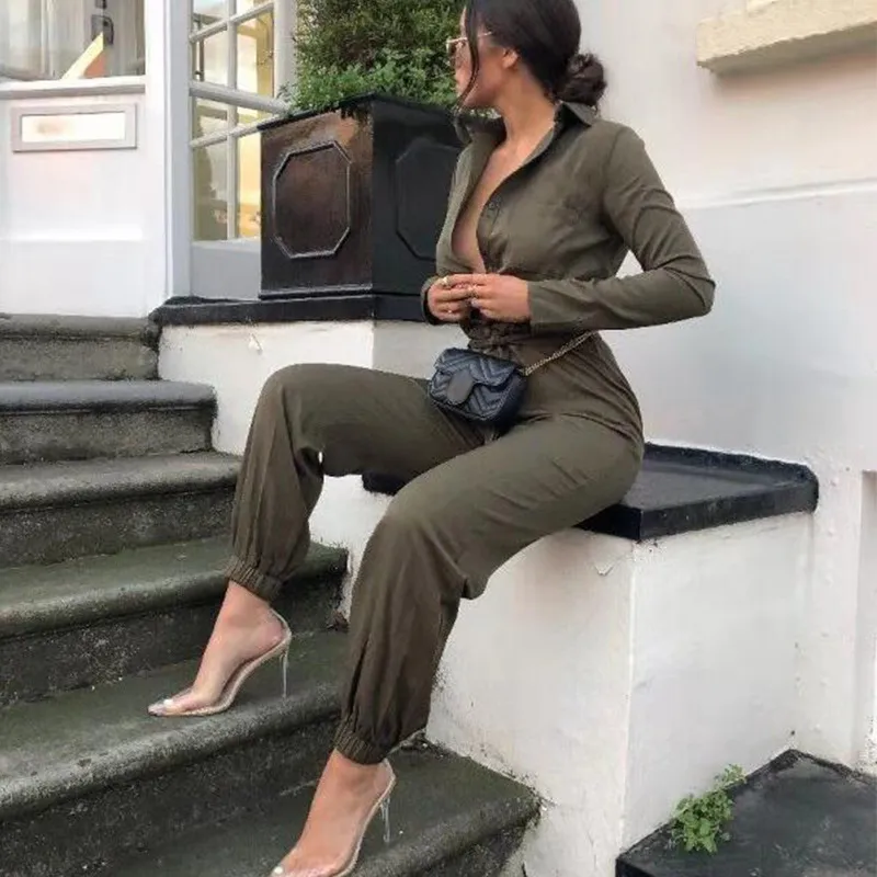 Women's Button Deep V Waist Jumpsuit - Green