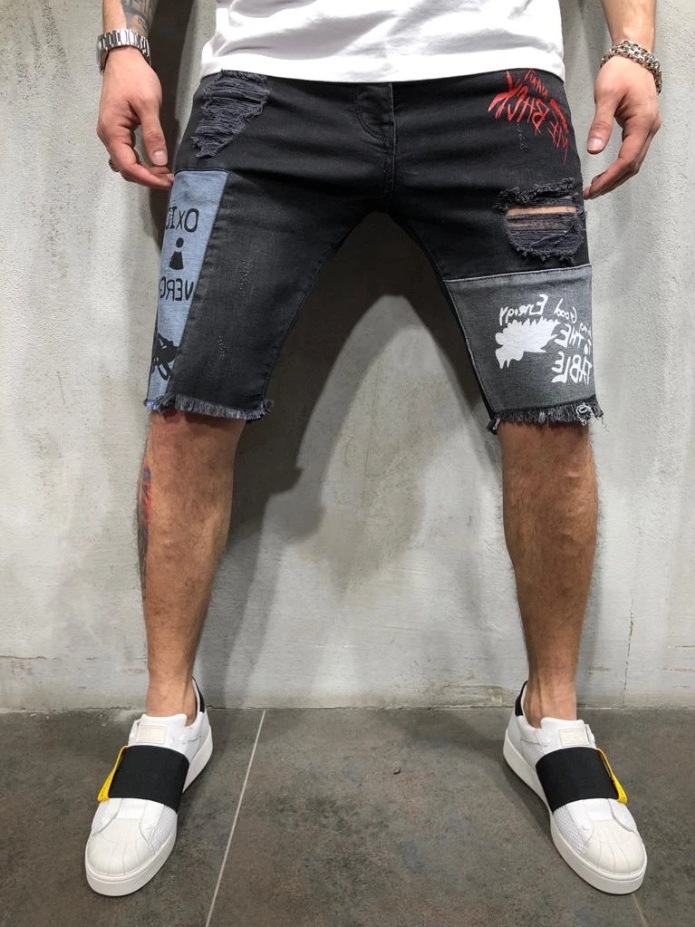 Shredded slim five-point jeans