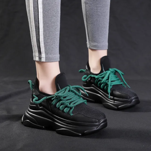 Korean lace up muffin thick bottom running shoes fashion sneakers Black - Shop at LoveMi