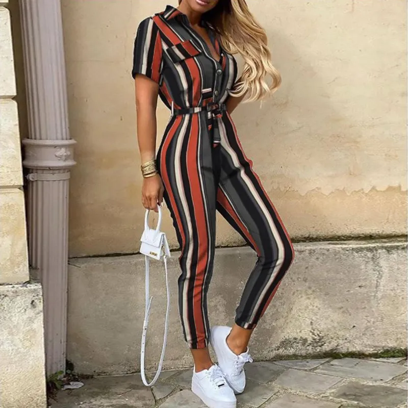 Lapel printed jumpsuit - Stripe-L