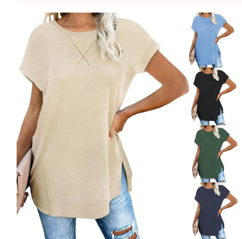Women's solid color round neck drop shoulder top