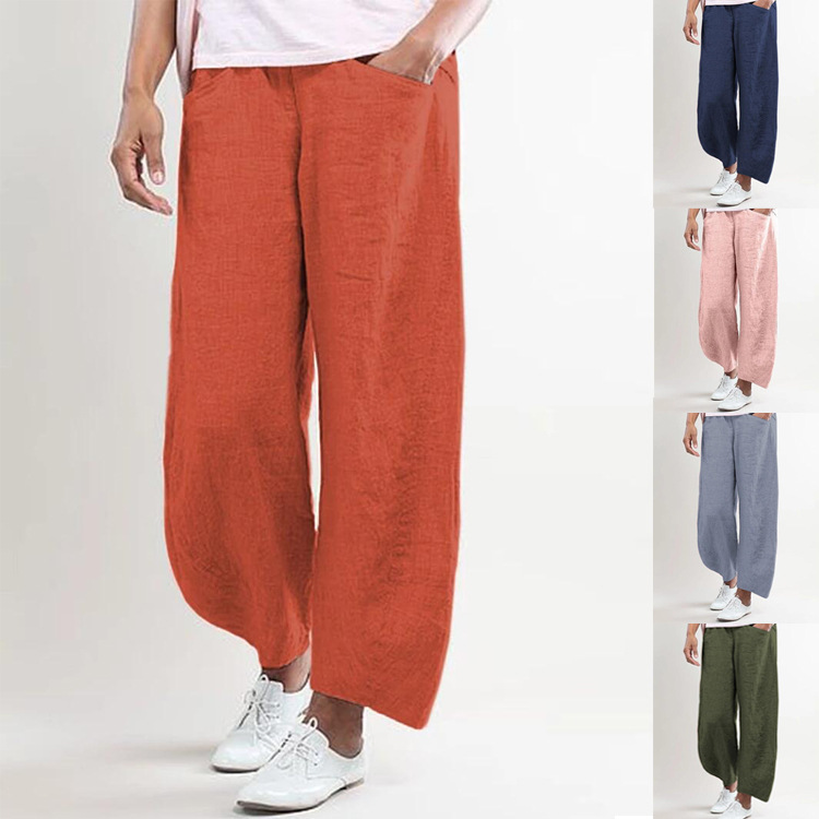 Cotton and linen solid straight pants