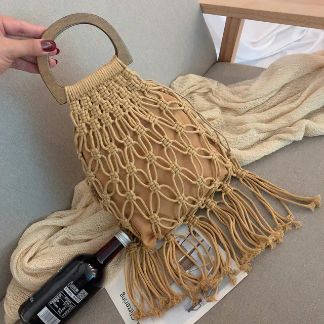 Women's woven wooden straw cotton bag Brown - Shop at LoveMi