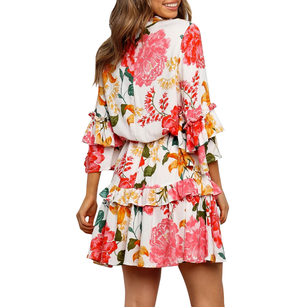 Printed round neck long sleeve dress
