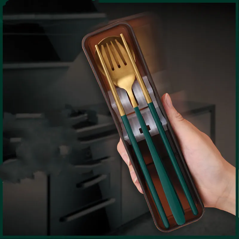 Portable chopsticks, spoons, three piece stainless steel fork set - Green