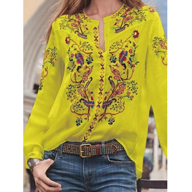 Wide loose shirt printed long sleeve shirt top