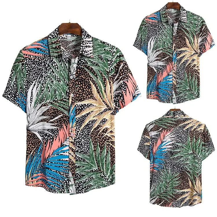 Short Sleeve Button-Down Shirt with Tropical Leaf Print
