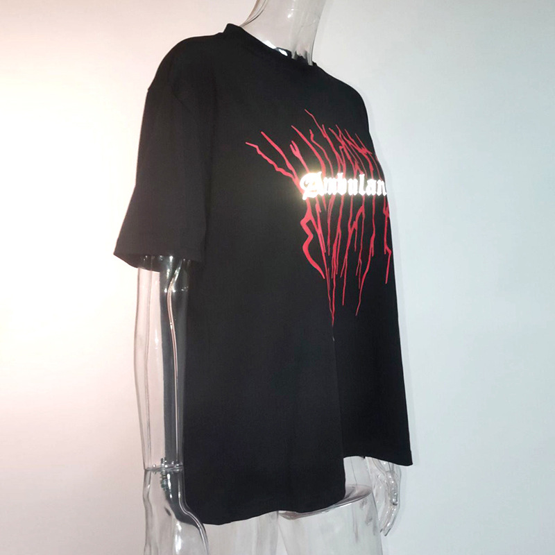 Reflective letter crew neck loose T-shirt