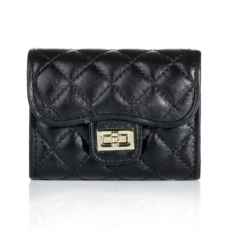 Female leather button lock wallet - Black