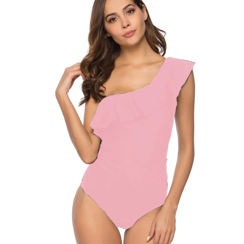 Shoulder ruffled solid colour bikini - Pink