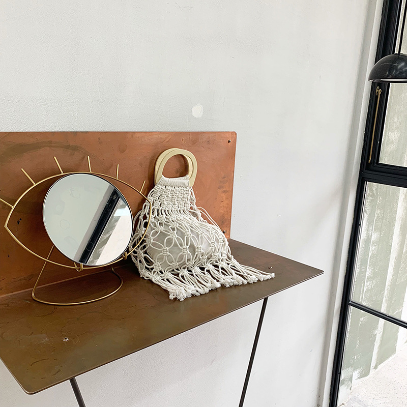 Women's woven wooden straw cotton bag