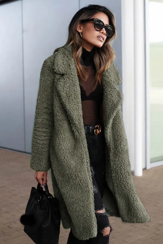 Woolen long coat Army Green - Shop at LoveMi