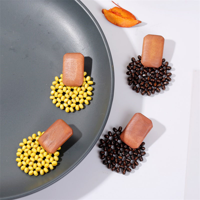 Geometric woven wood vintage earrings