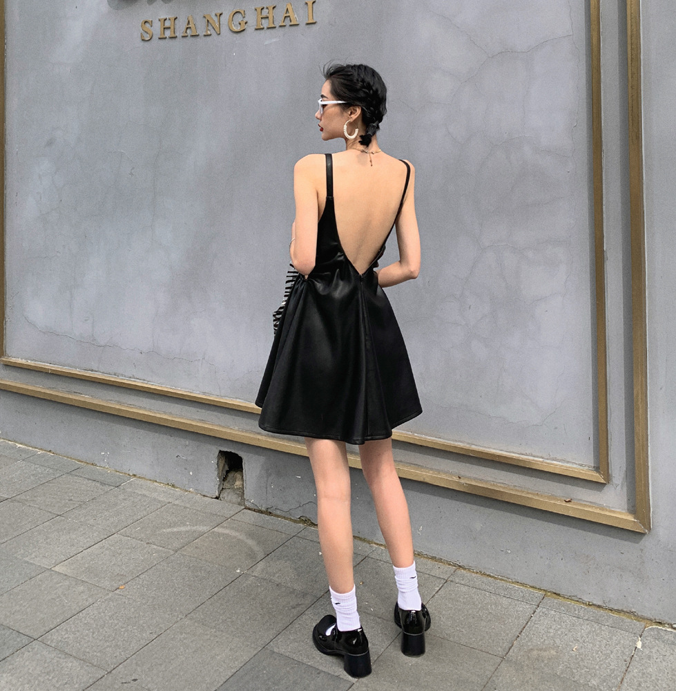 Pu leather camisole hollow spring and autumn short dress