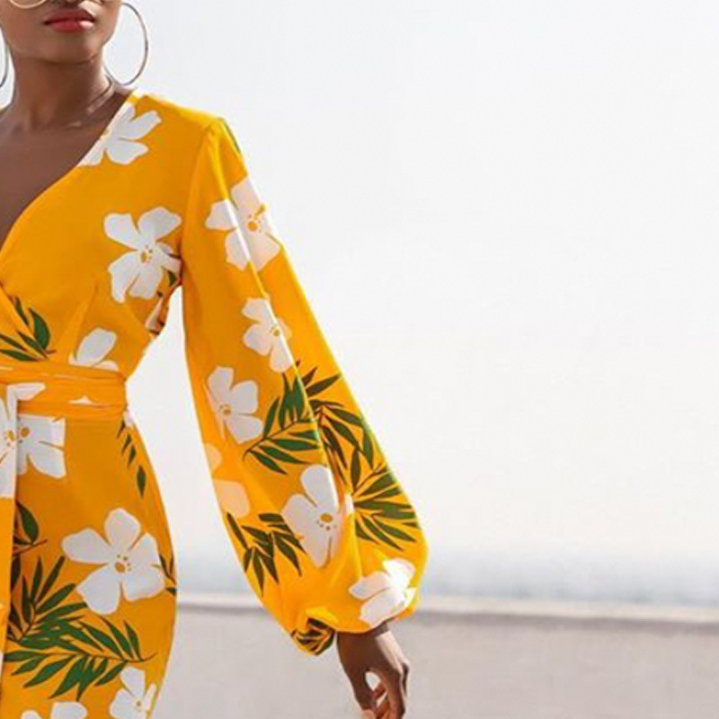 Irregular printed bubble long sleeve dress