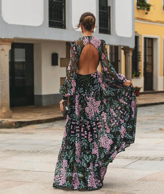 Sexy backless slim print long dress longuette