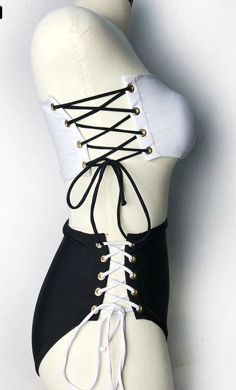 Black and white stitching one-piece bikini