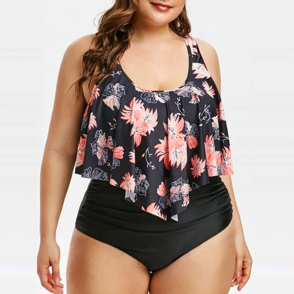 High waist lotus print swimsuit - Orange