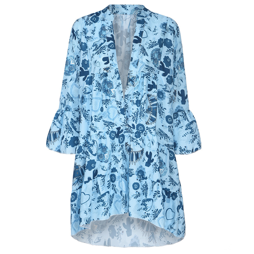 Women's printed button Ruffle shirt skirt