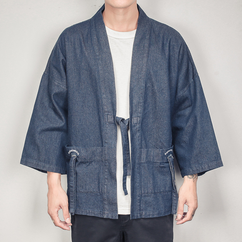 3/4 sleeve denim cardigan men's kimono