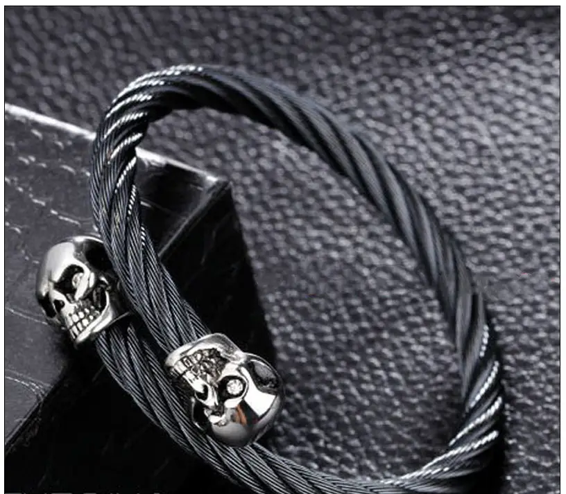 New Double Skull Titanium Steel Men's Steel Wire Bracelet