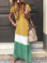 Short-sleeve printed V-neck long dress