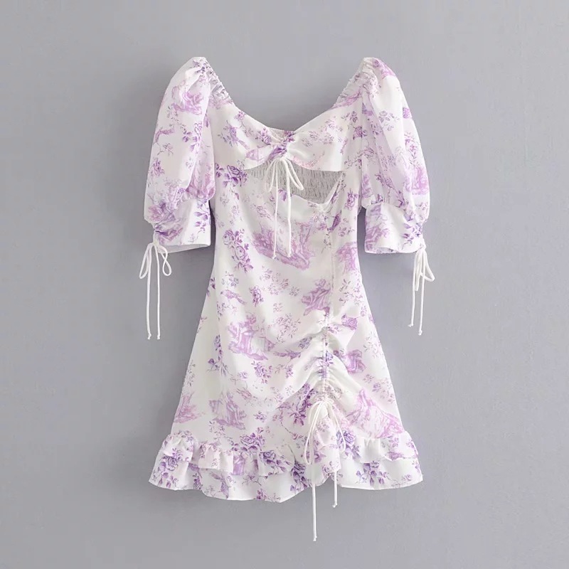 Women's French Niche Lavender Purple Bird Lace Backless Dress