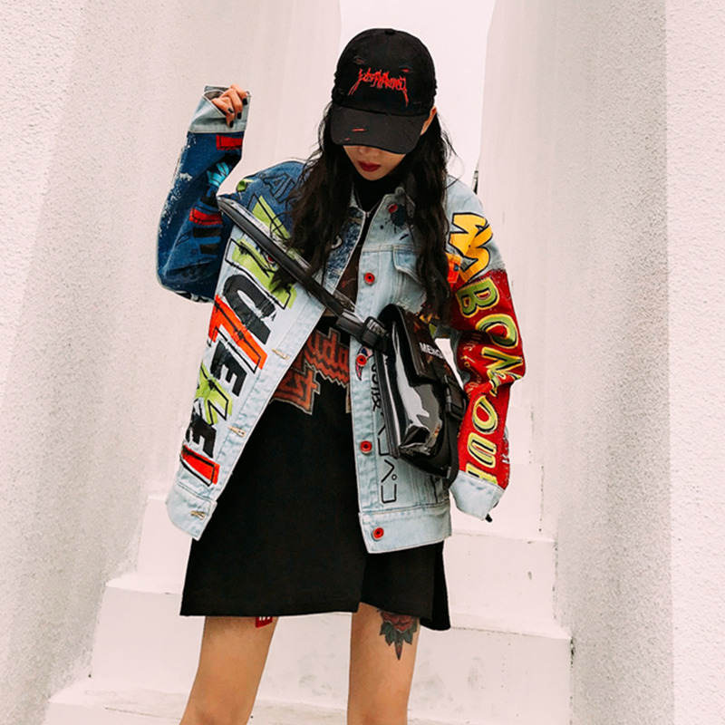 Fashion Jean jacket in graffiti print Blue - Shop at LoveMi