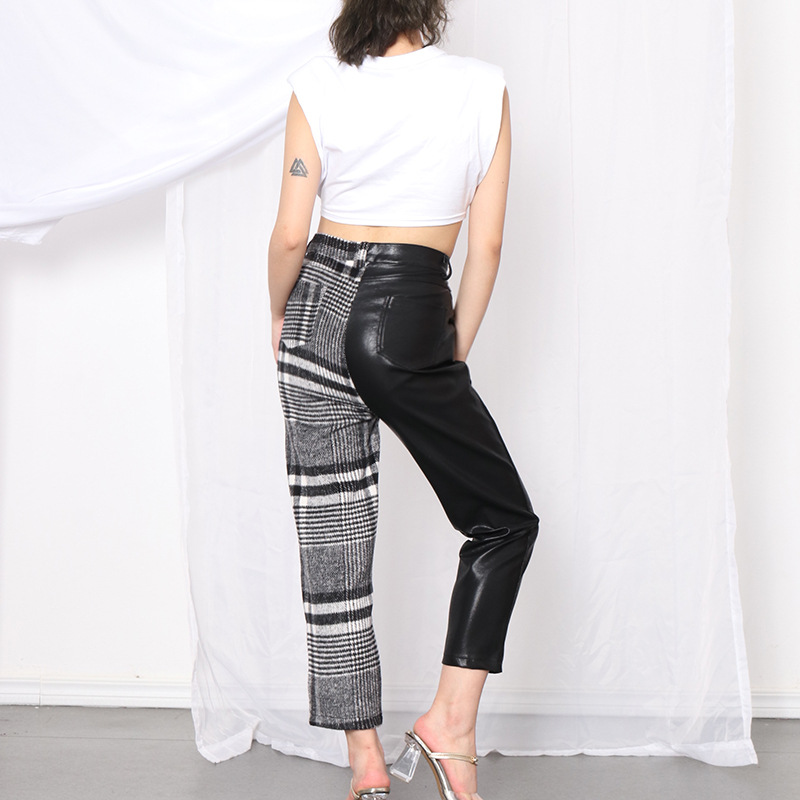 Contrast color stitching pu leather cropped pants