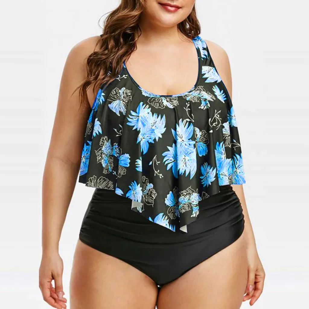 High waist lotus print swimsuit - Blue