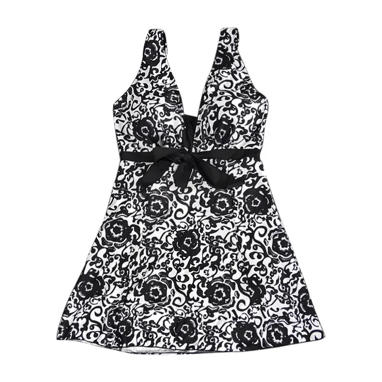 Print plus-size skirt split swimsuit - Black