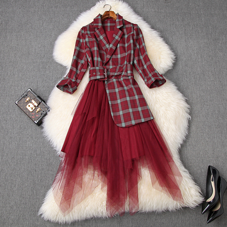 Suit collar plaid mesh