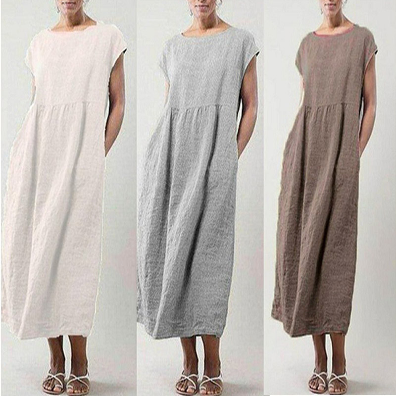 Solid sleeveless loose cotton linen pocket dress