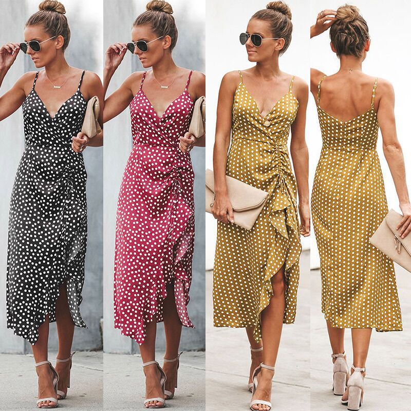Polka Dot Sling V-neck Swallowtail Split Sexy Dress
