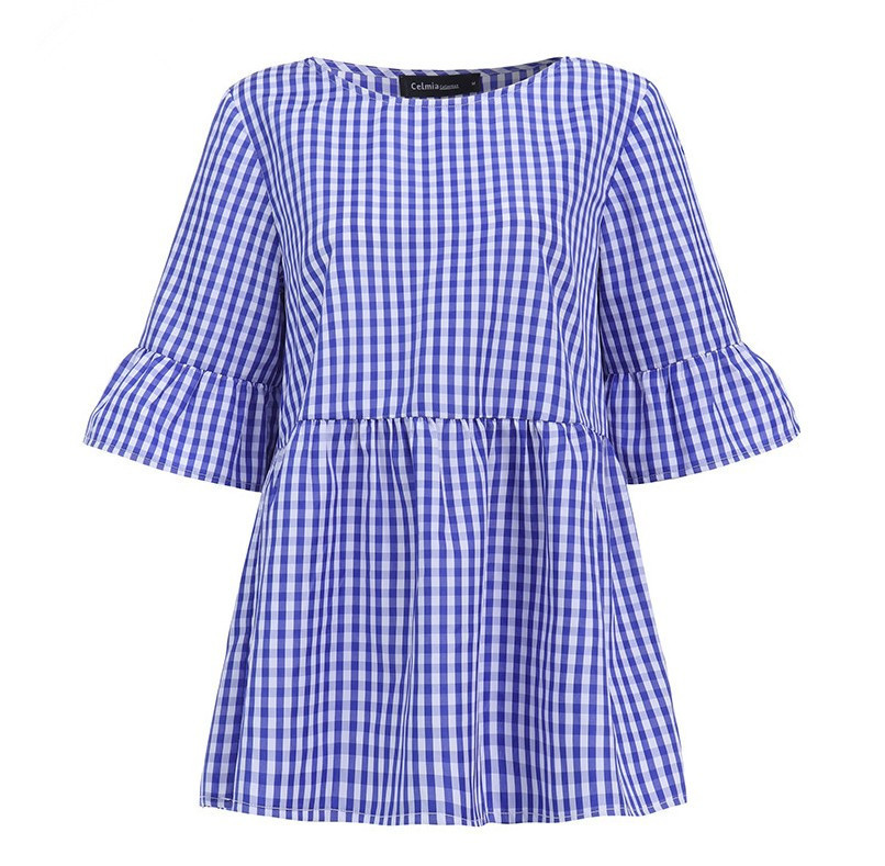 Round neck flared sleeve plaid shirt