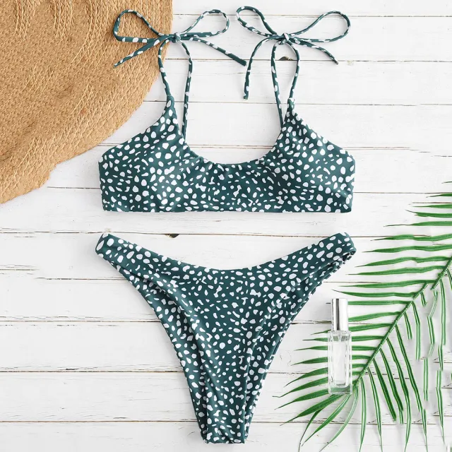 Solid color strap bikini split swimsuit Green - Shop at LoveMi