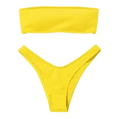 Tube top solid color leaky swimsuit - Yellow - View 1
