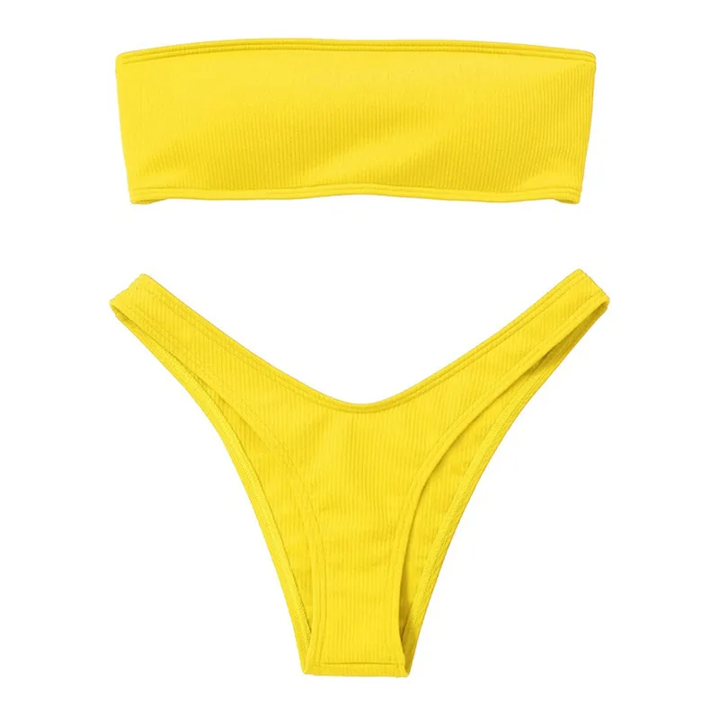 Tube top solid colour leaky swimsuit - Yellow