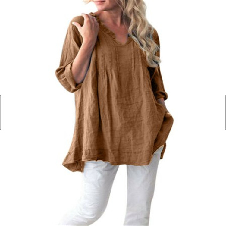 V-neck long sleeve shirt pleated blouse