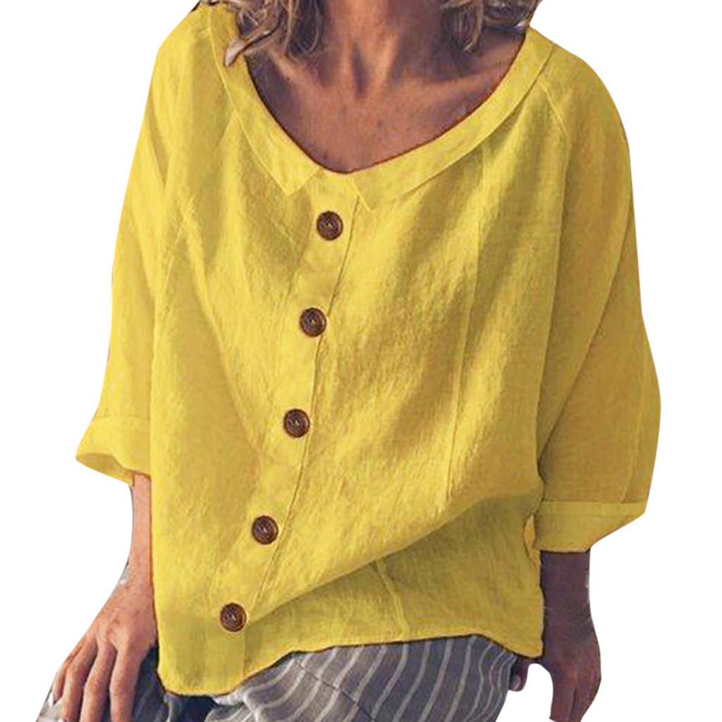 Women's solid color cotton and linen shirt