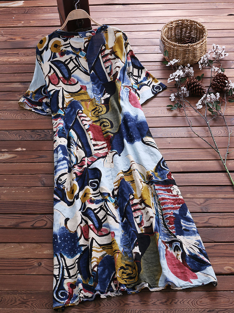 Round neck short sleeve cotton and linen dress