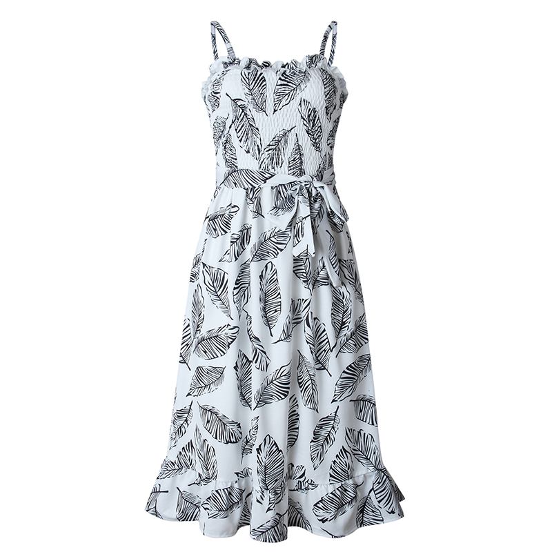 Summer  lace up waist strap print dress female