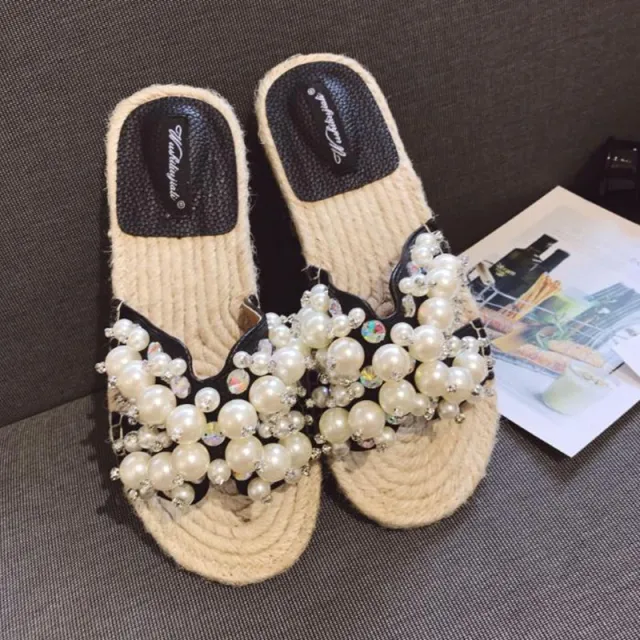 Rhinestone open toe flat shoes Black - Shop at LoveMi