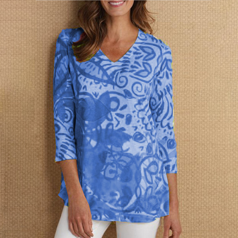 3/4 sleeve printed loose V-neck short sleeve
