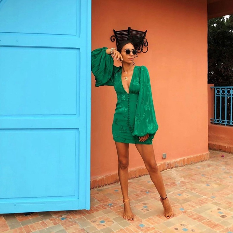 Women's V-neck Lantern Sleeve Dress